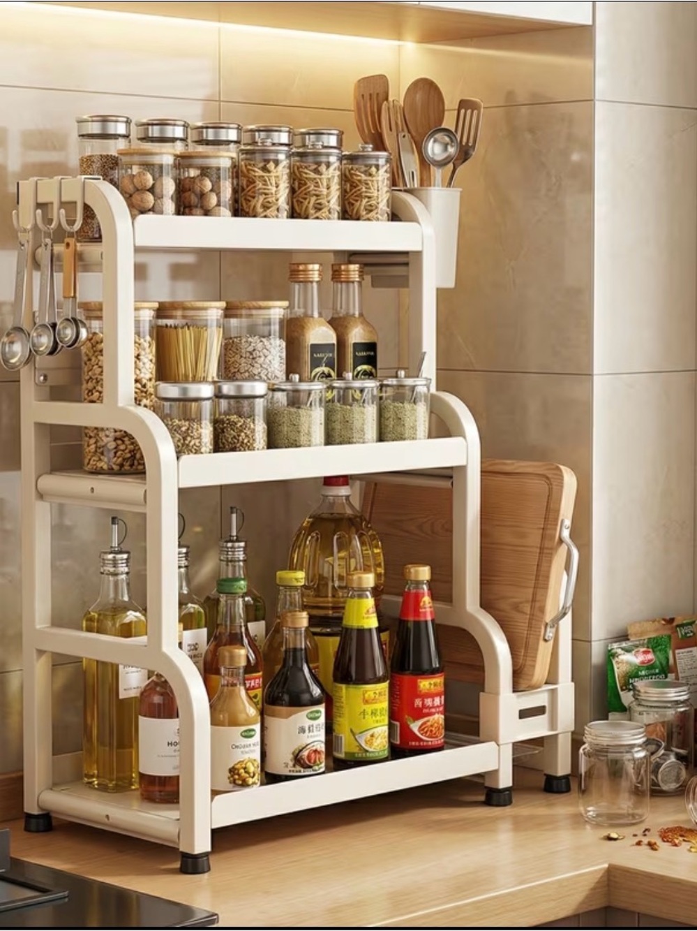 Beige 3-Tier Kitchen Organizer Rack - Compact Spice & Bottle Storage